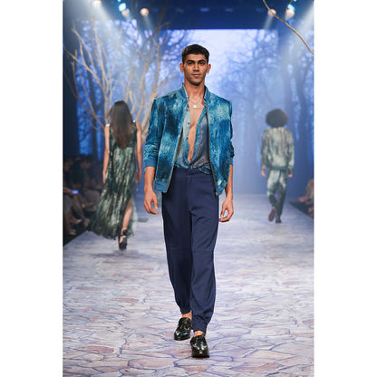 Nirmooha Jade Blue Printed Velvet Bomber Jacket