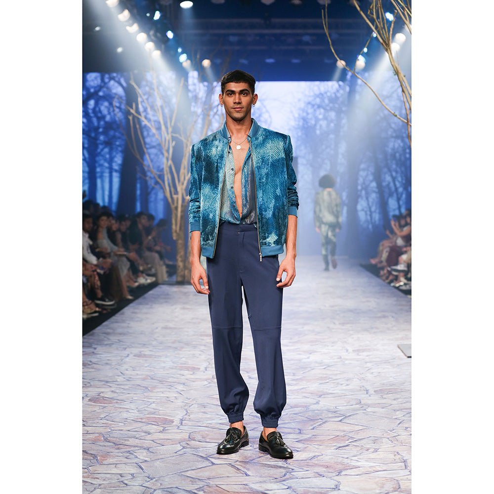 Nirmooha Jade Blue Printed Velvet Bomber Jacket
