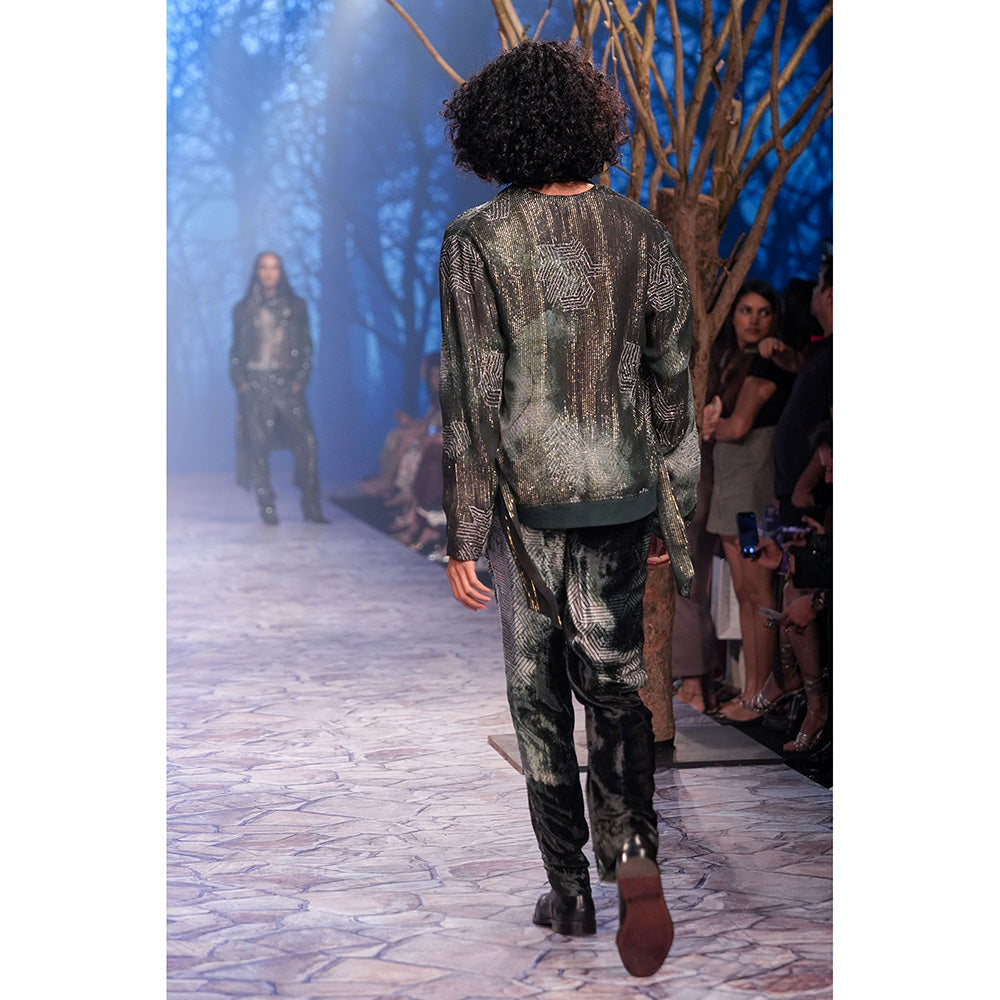 Nirmooha Emerald Printed Lurex Bomber Jacket with Hand Embroidery