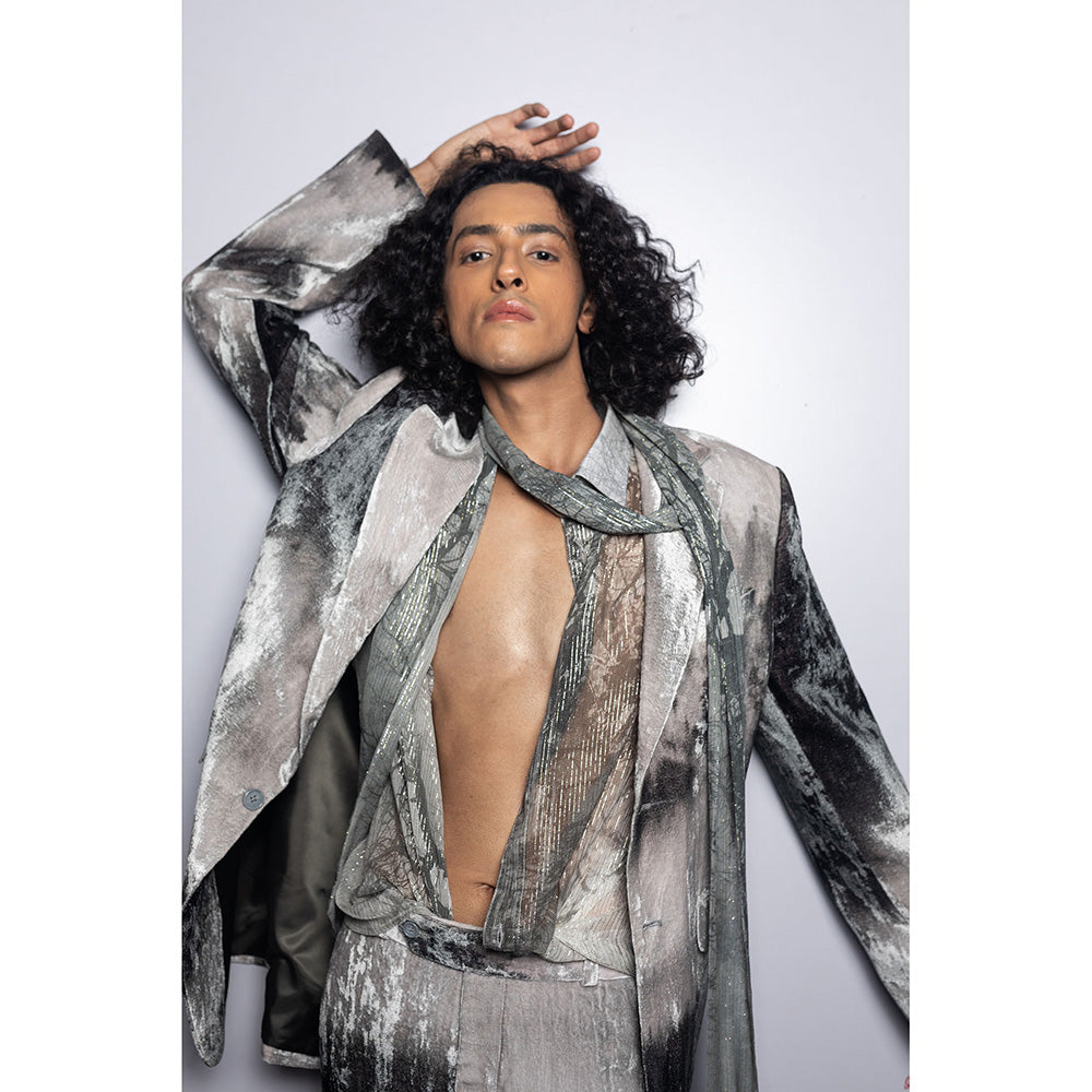 Nirmooha Landscape Print Velvet Blazer