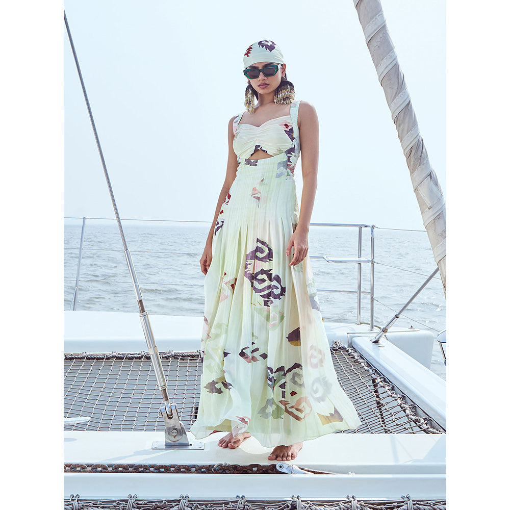 Nirmooha Yellow Centre Key Hole Printed Panel Maxi Dress