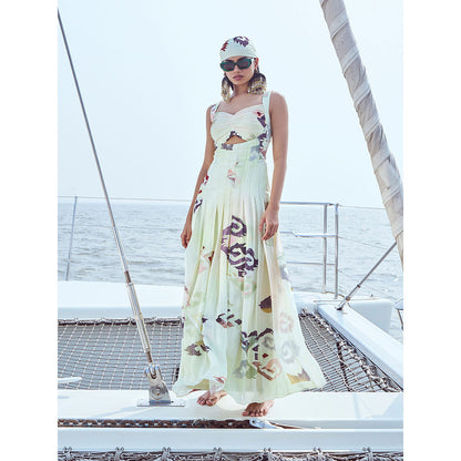 Nirmooha Yellow Centre Key Hole Printed Panel Maxi Dress