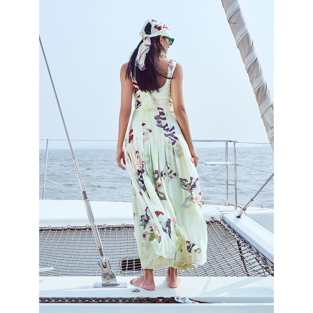 Nirmooha Yellow Centre Key Hole Printed Panel Maxi Dress