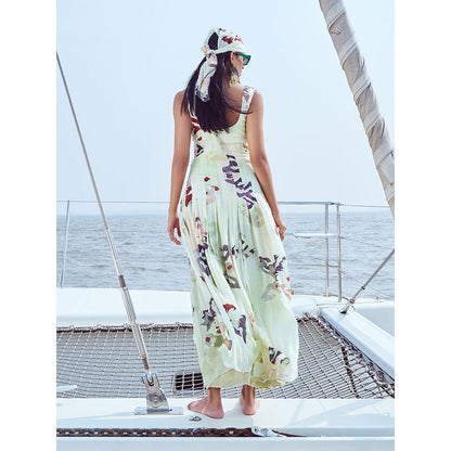 Nirmooha Yellow Centre Key Hole Printed Panel Maxi Dress