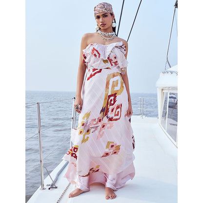 Nirmooha White Patola Printed Off Shoulder Maxi Dress
