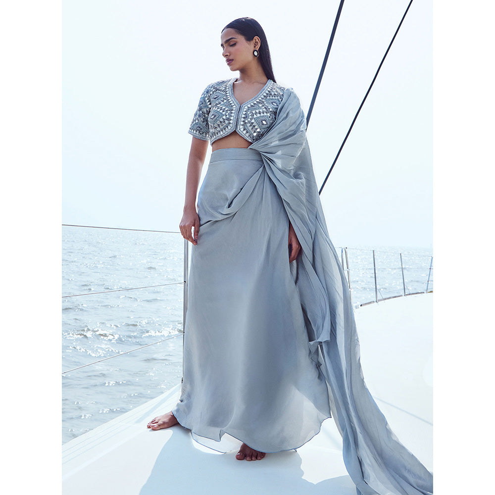 Nirmooha Hand Embroidered Draped Saree with Blouse with Stitched