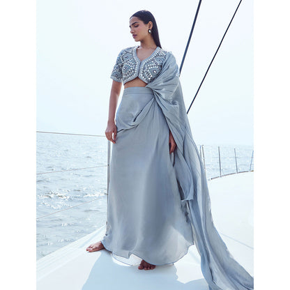 Nirmooha Hand Embroidered Draped Saree with Blouse with Stitched