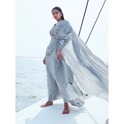 Nirmooha Hand Embroidered Draped Saree with Blouse with Stitched