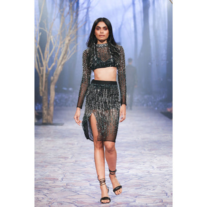 Nirmooha Sheer Net Skirt with Hand Embellished Black