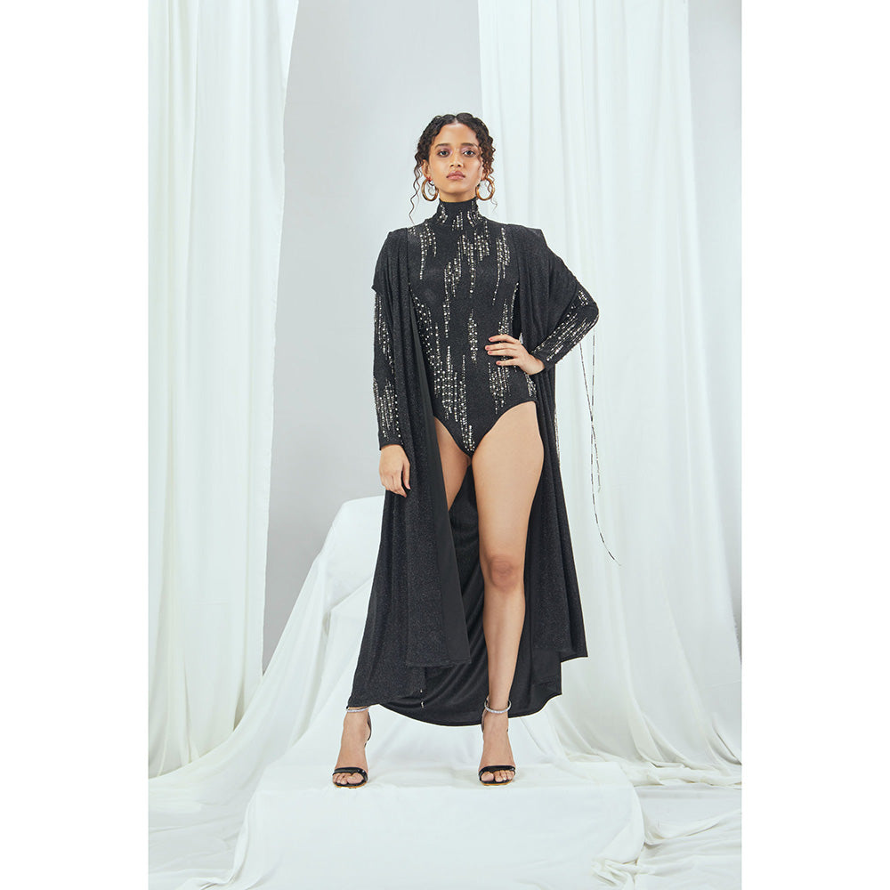 Nirmooha Shimmer Turtle Neck Body Suit with Hand Embellished Black