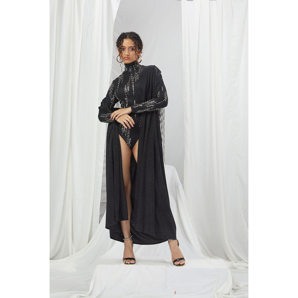 Nirmooha Black Simmer Sleeveless Overlays with Hand Embellished Tassels