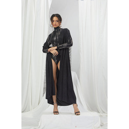 Nirmooha Black Simmer Sleeveless Overlays with Hand Embellished Tassels