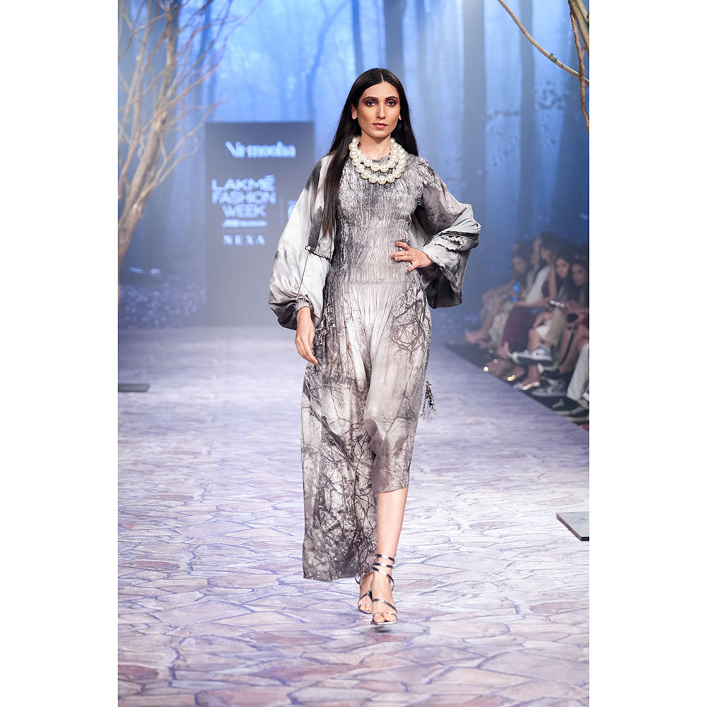 Nirmooha Smocking Asymmetrical Printed Dress Grey (Set of 2)