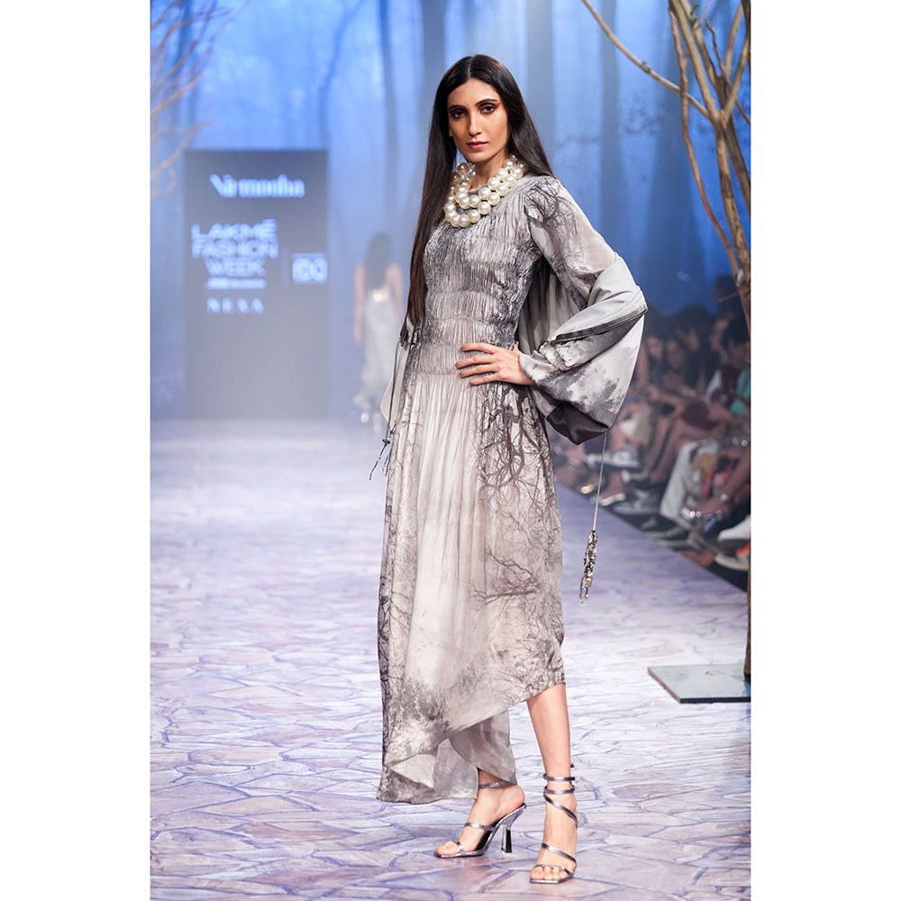 Nirmooha Smocking Asymmetrical Printed Dress Grey (Set of 2)