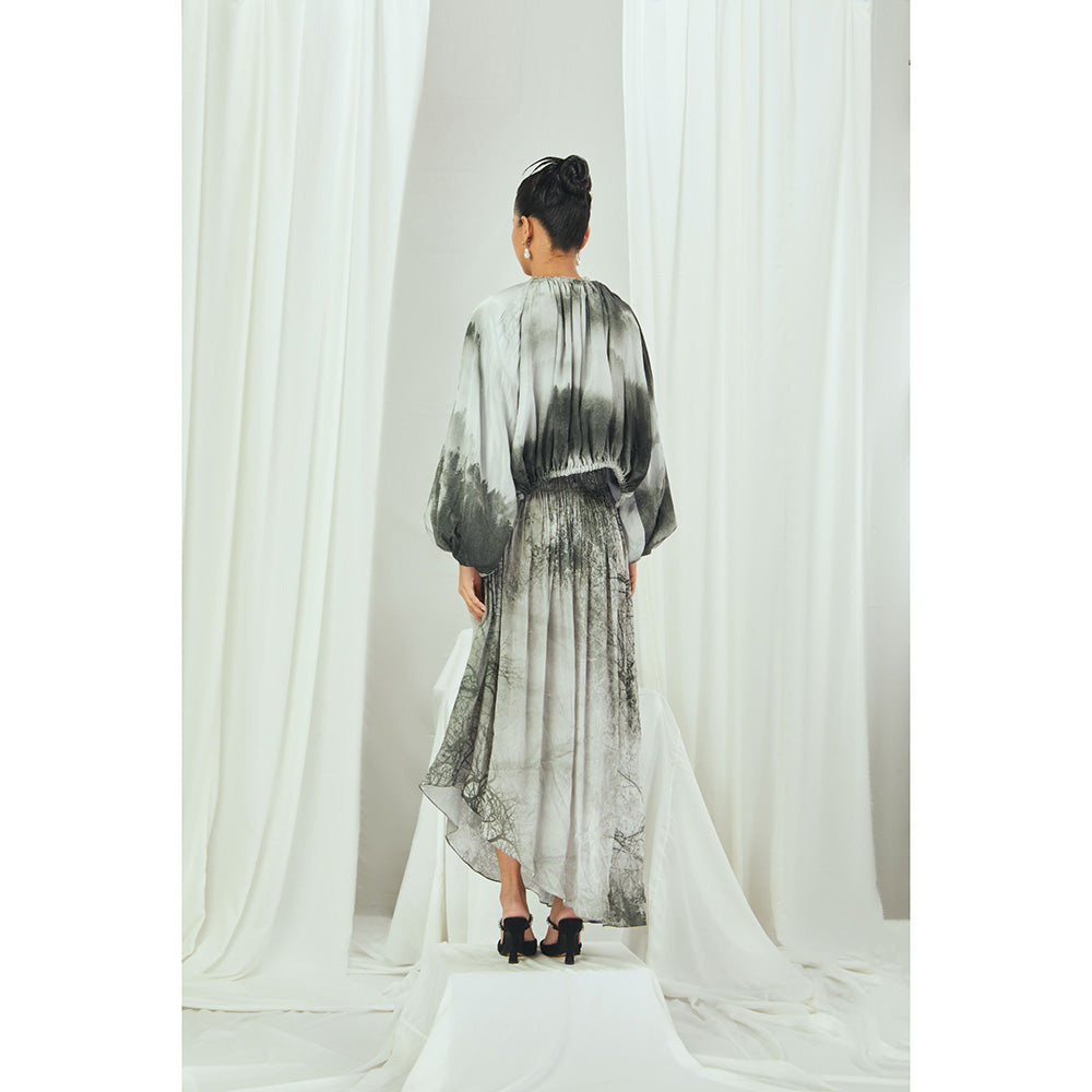 Nirmooha Smocking Asymmetrical Printed Dress Grey (Set of 2)