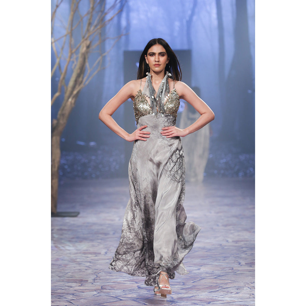 Nirmooha Printed Slip Dress with Plunge Neckline & Hand Embellished Grey