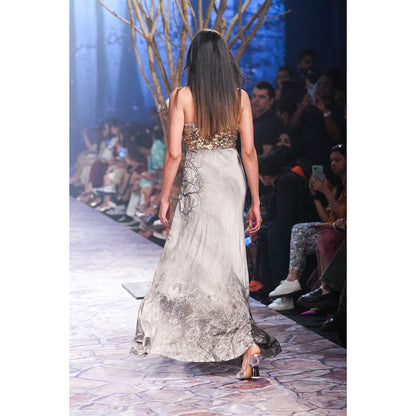 Nirmooha Printed Slip Dress with Plunge Neckline & Hand Embellished Grey