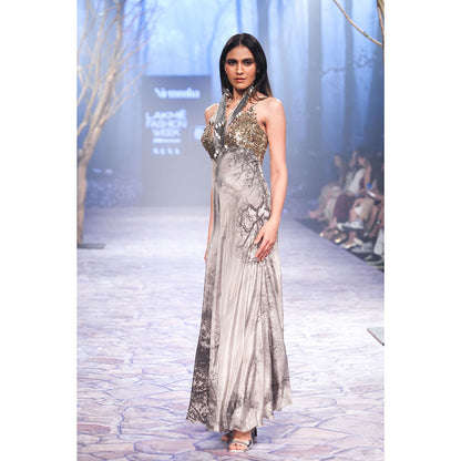 Nirmooha Printed Slip Dress with Plunge Neckline & Hand Embellished Grey