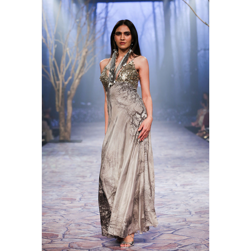 Nirmooha Printed Slip Dress with Plunge Neckline & Hand Embellished Grey