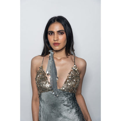 Nirmooha Printed Slip Dress with Plunge Neckline & Hand Embellished Grey
