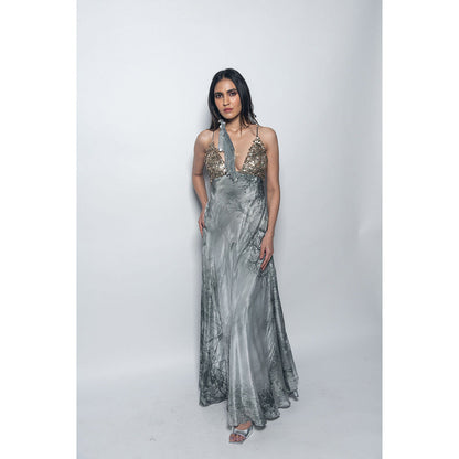Nirmooha Printed Slip Dress with Plunge Neckline & Hand Embellished Grey