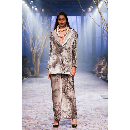 Nirmooha Printed Oversized Velvet Blazer Grey