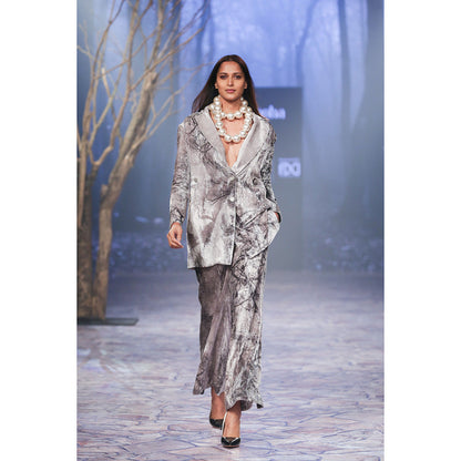Nirmooha Printed Oversized Velvet Blazer Grey