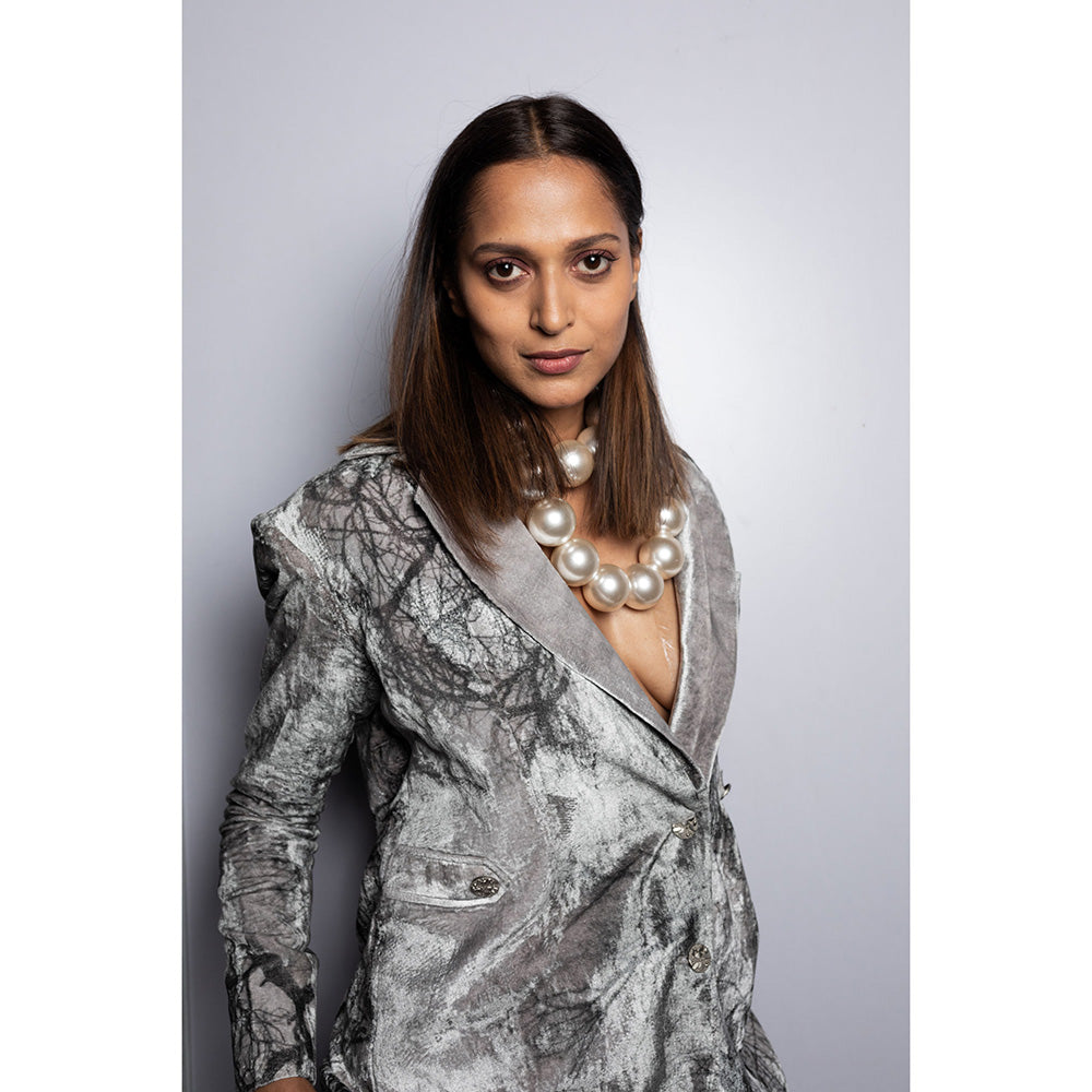 Nirmooha Printed Oversized Velvet Blazer Grey