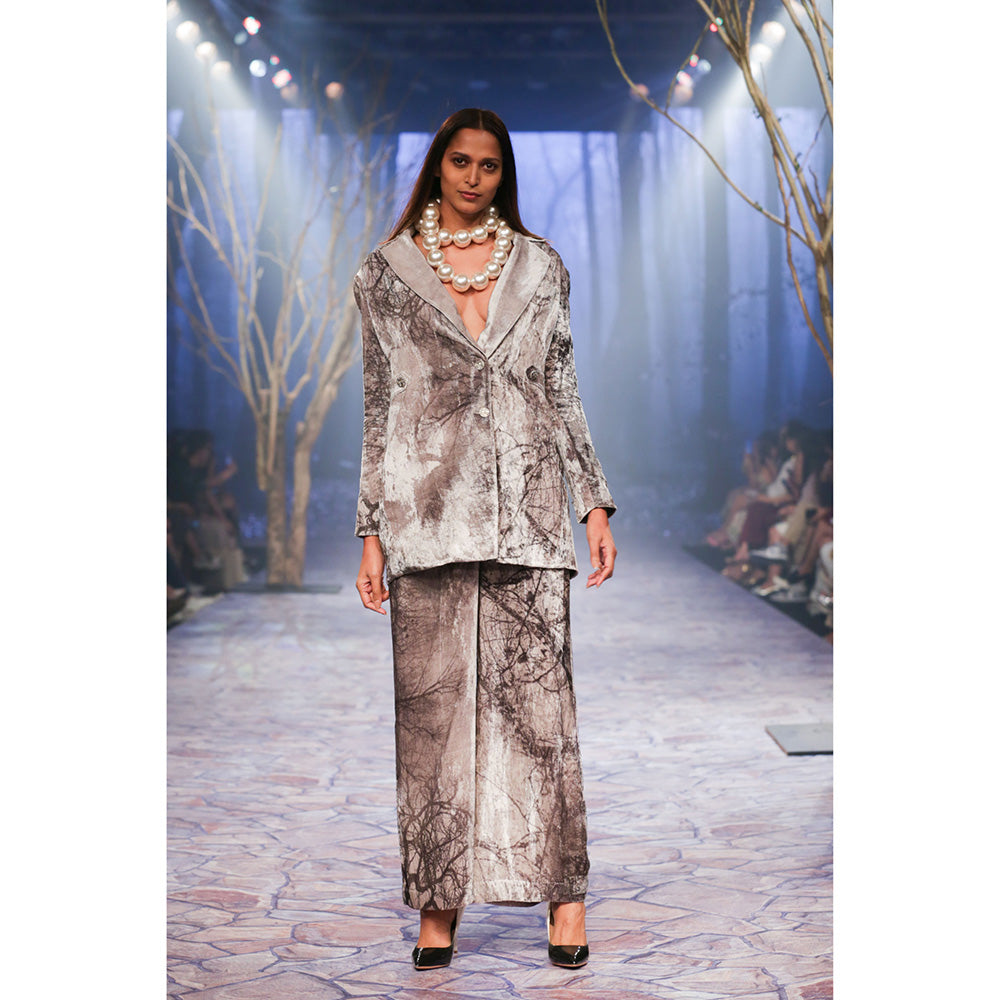 Nirmooha Printed Oversized Velvet Blazer Grey