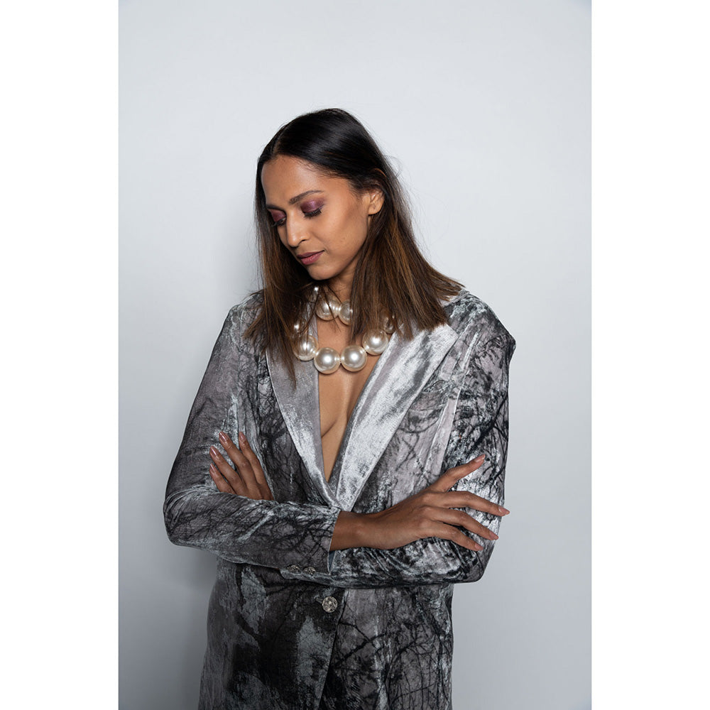 Nirmooha Printed Oversized Velvet Blazer Grey