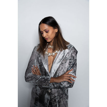 Nirmooha Printed Oversized Velvet Blazer Grey