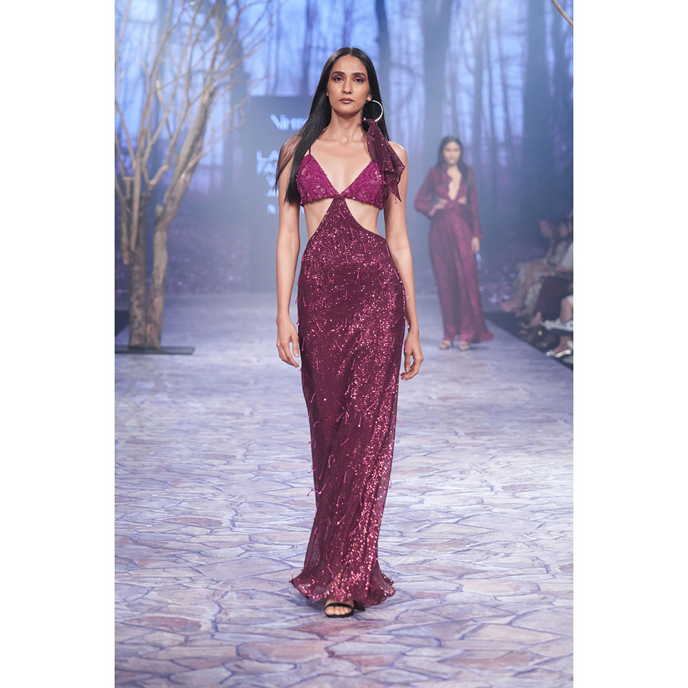 Nirmooha Sequin Gown with Hand Embellished & Tassel Detailing Purple