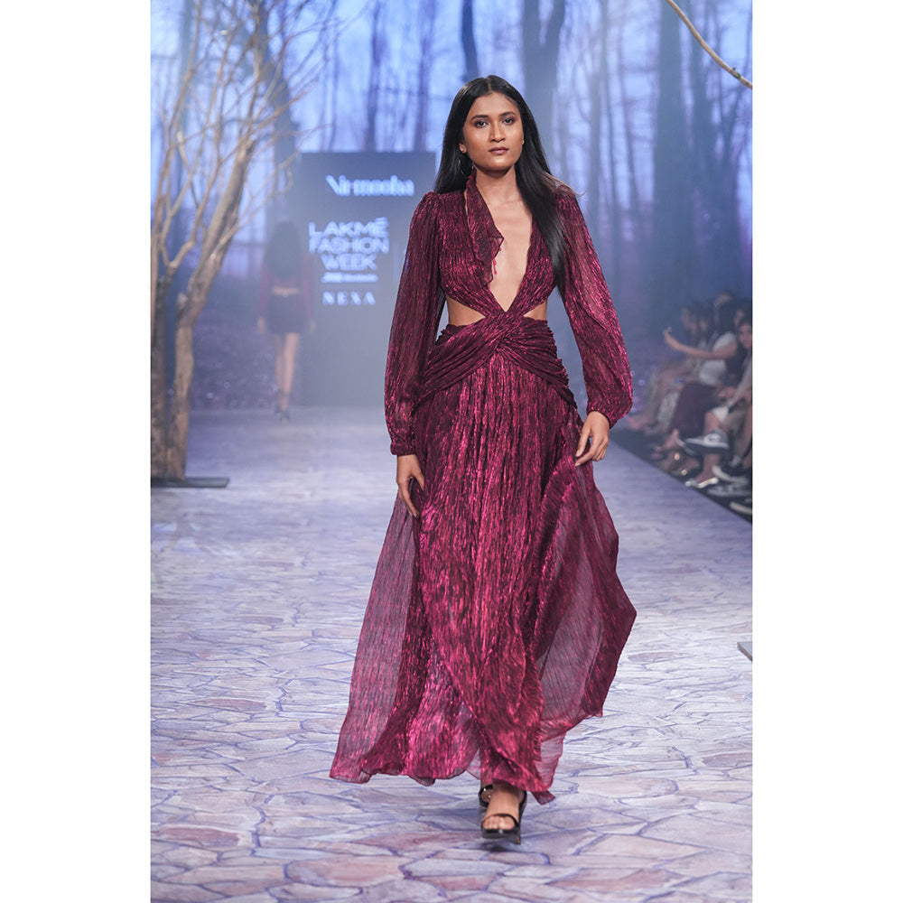 Nirmooha Draped Gown with Deep V-Neck & Open Back Purple