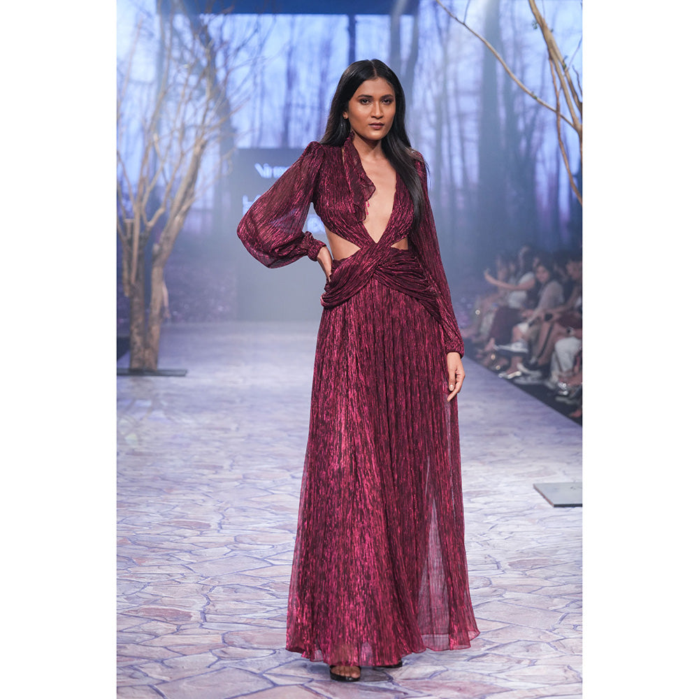 Nirmooha Draped Gown with Deep V-Neck & Open Back Purple