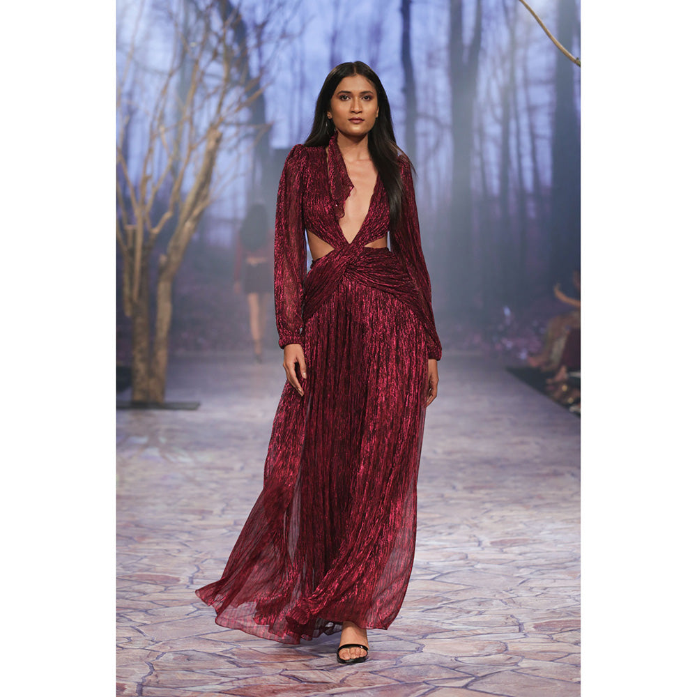 Nirmooha Draped Gown with Deep V-Neck & Open Back Purple