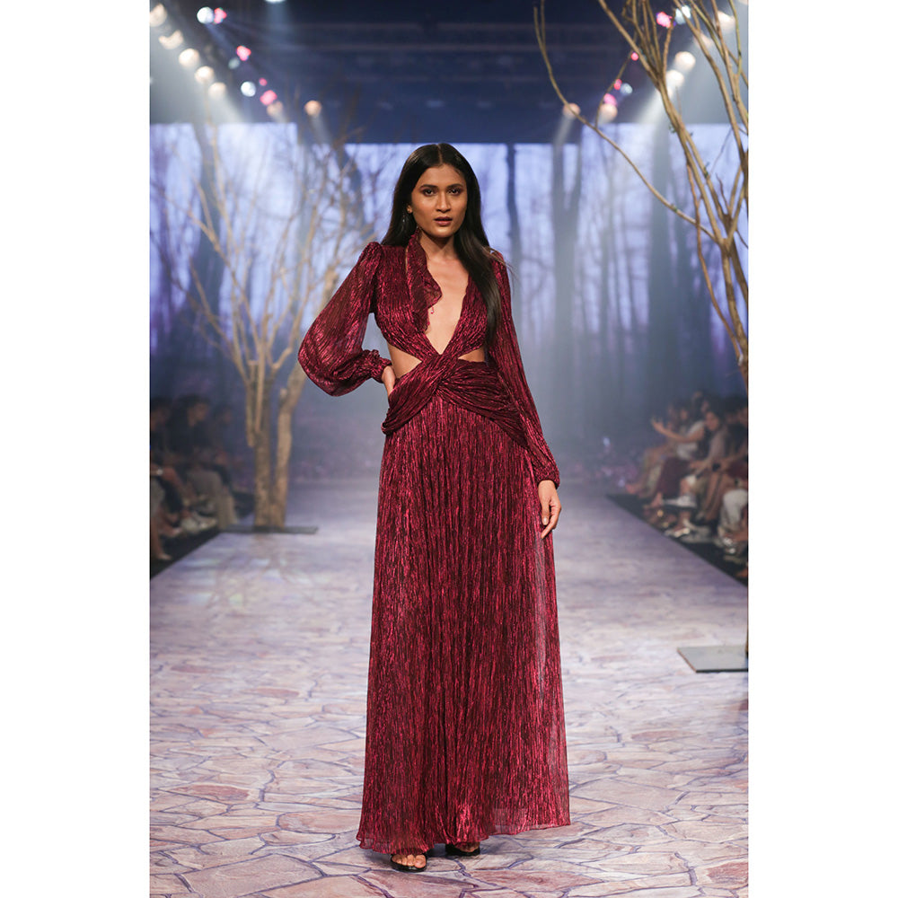 Nirmooha Draped Gown with Deep V-Neck & Open Back Purple