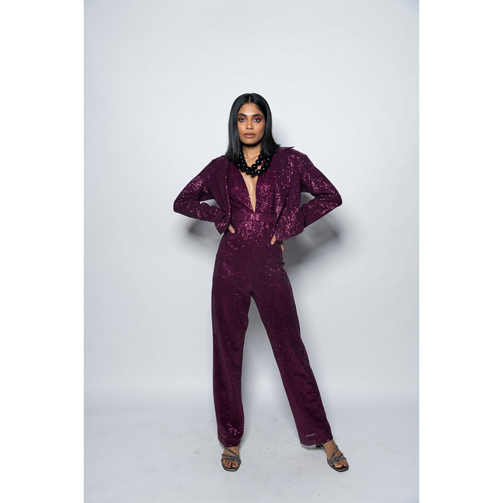 Nirmooha Ruby Sequenced Jumpsuit with Plunge Neck Purple