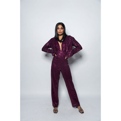 Nirmooha Ruby Sequenced Jumpsuit with Plunge Neck Purple