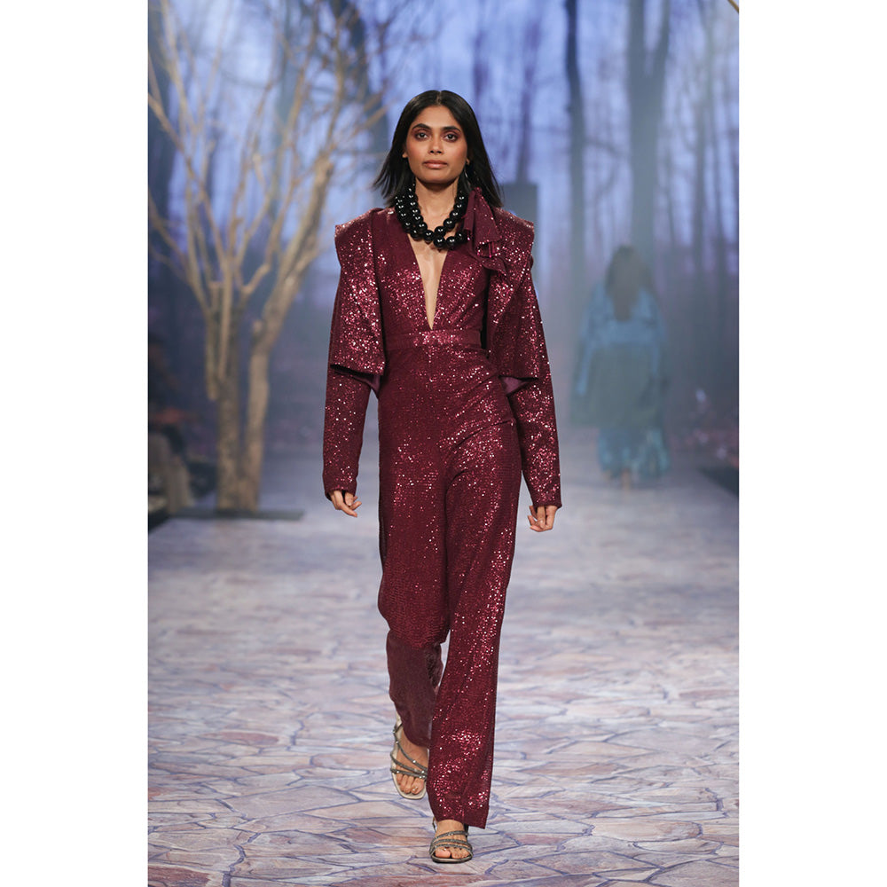Nirmooha Ruby Sequenced Jumpsuit with Plunge Neck Purple