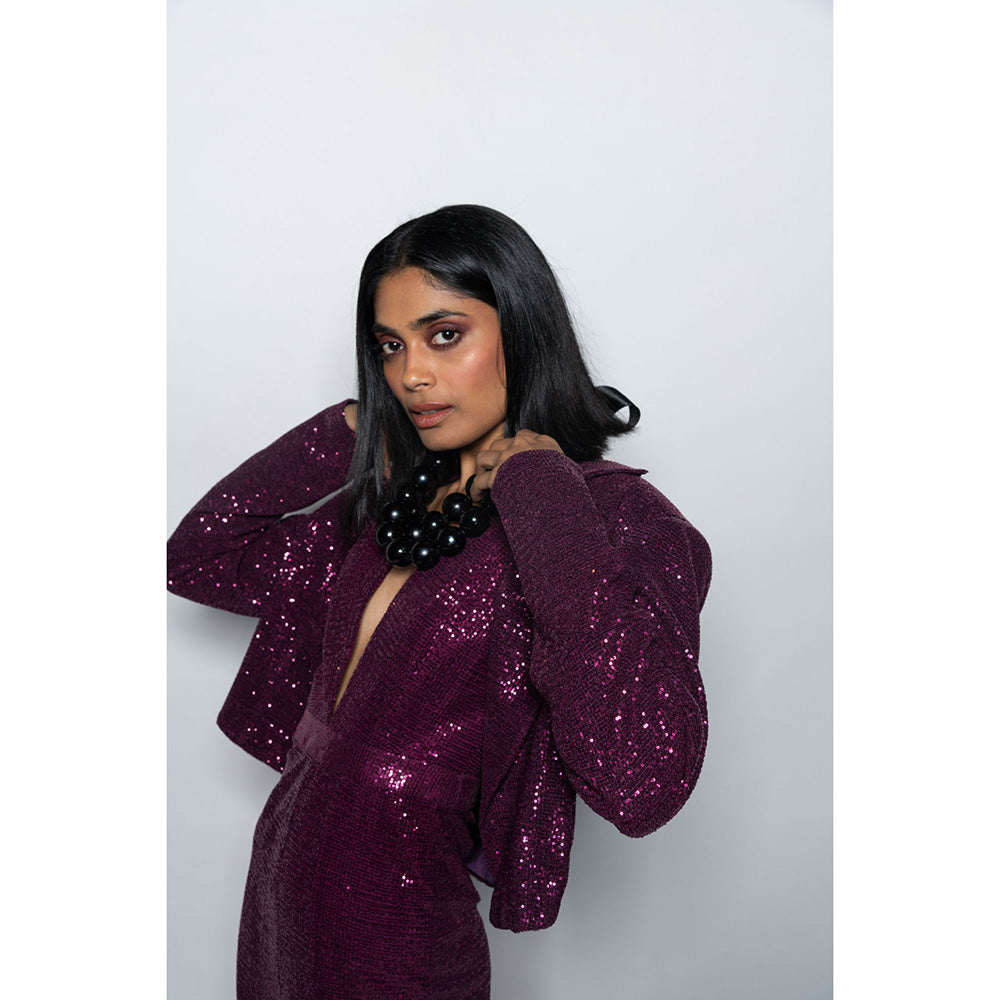 Nirmooha Ruby Sequenced Jumpsuit with Plunge Neck Purple