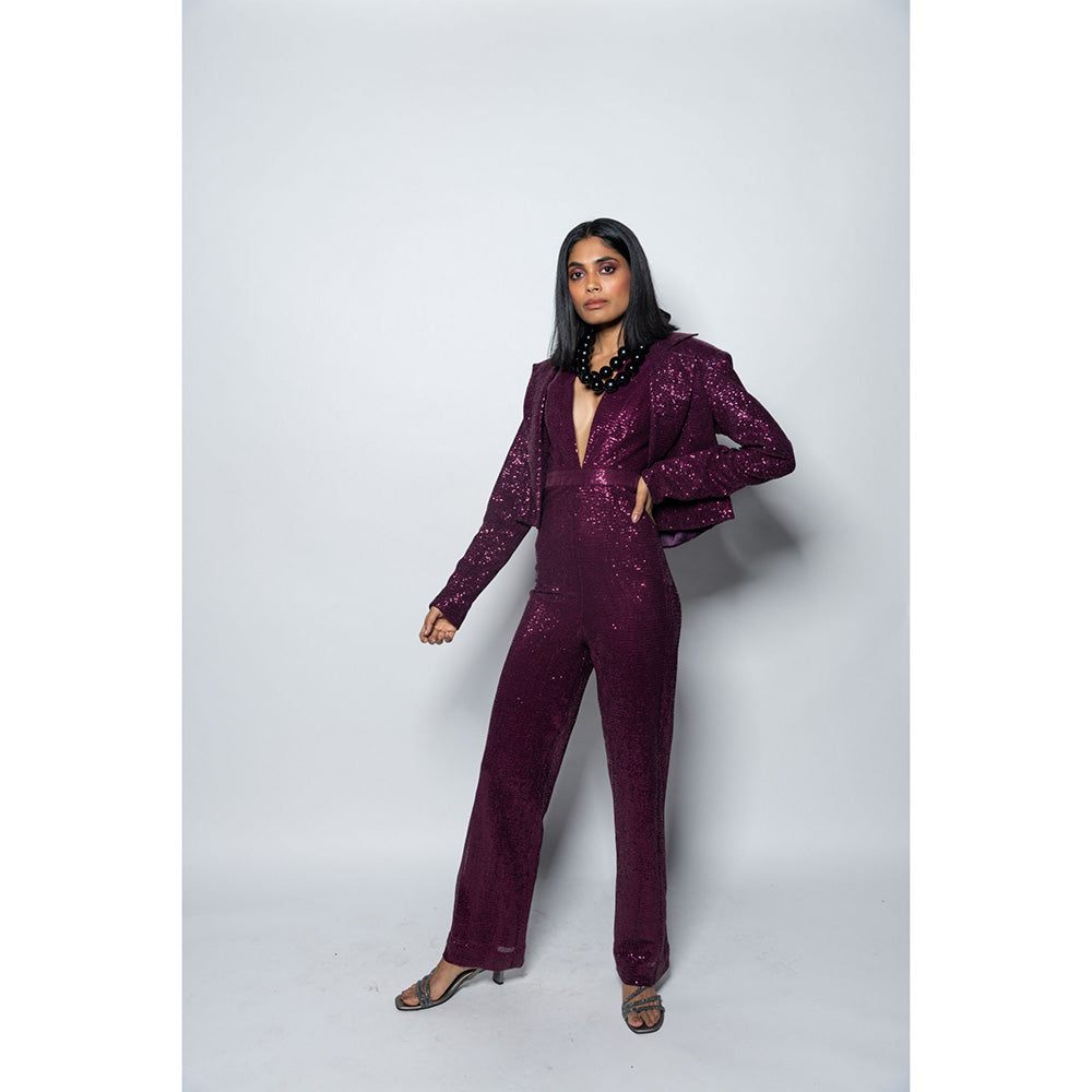 Nirmooha Ruby Sequenced Jumpsuit with Plunge Neck Purple