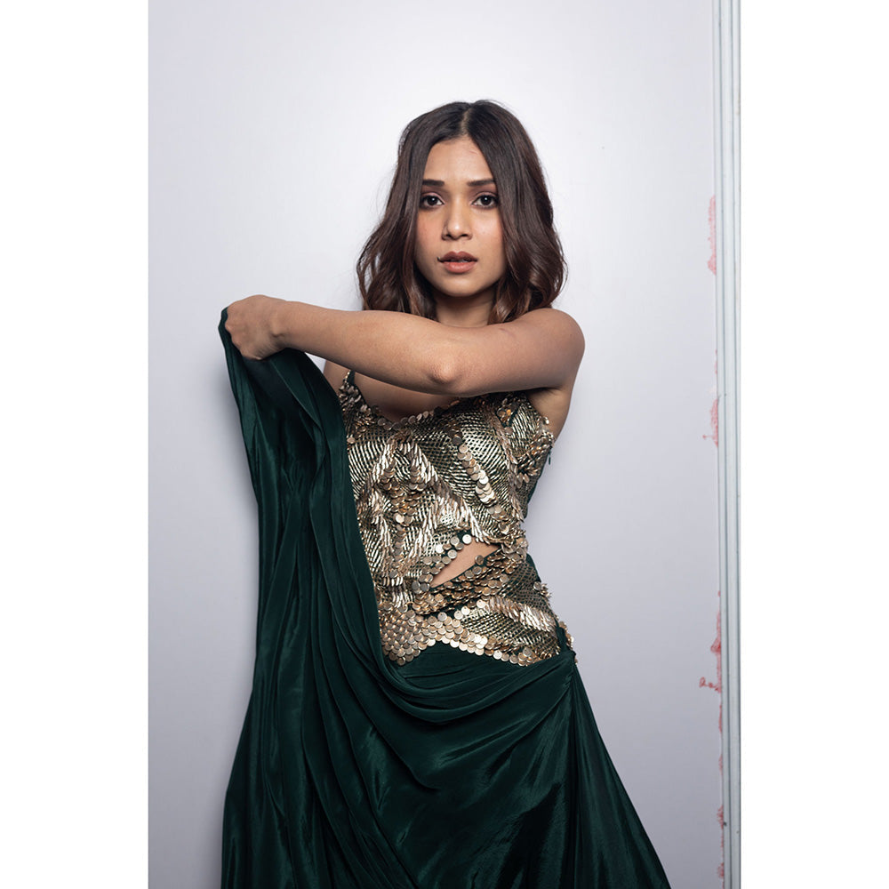 Nirmooha Hand Embellished Corset Draped Mini Dress with Cutout Detailing Gold