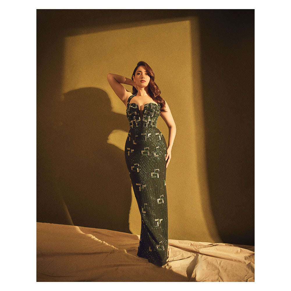 Nirmooha Emerald Halter Neck Sequenced Gown with Back Slit Green