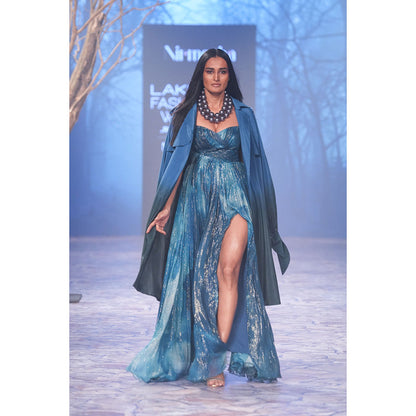 Nirmooha Printed Drape Gown Sweetheart Neck with Cape & Slit Detail Blue (Set of 2)