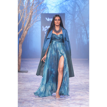 Nirmooha Printed Drape Gown Sweetheart Neck with Cape & Slit Detail Blue (Set of 2)
