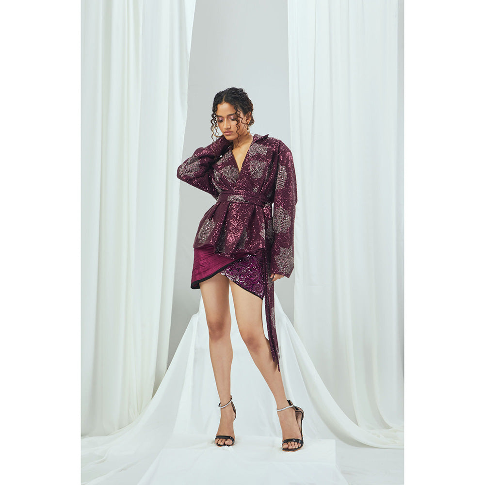 Nirmooha Ruby Asymmetrical Draped Skirt with Hand Embellished Detail Purple