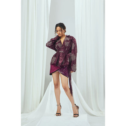 Nirmooha Ruby Asymmetrical Draped Skirt with Hand Embellished Detail Purple