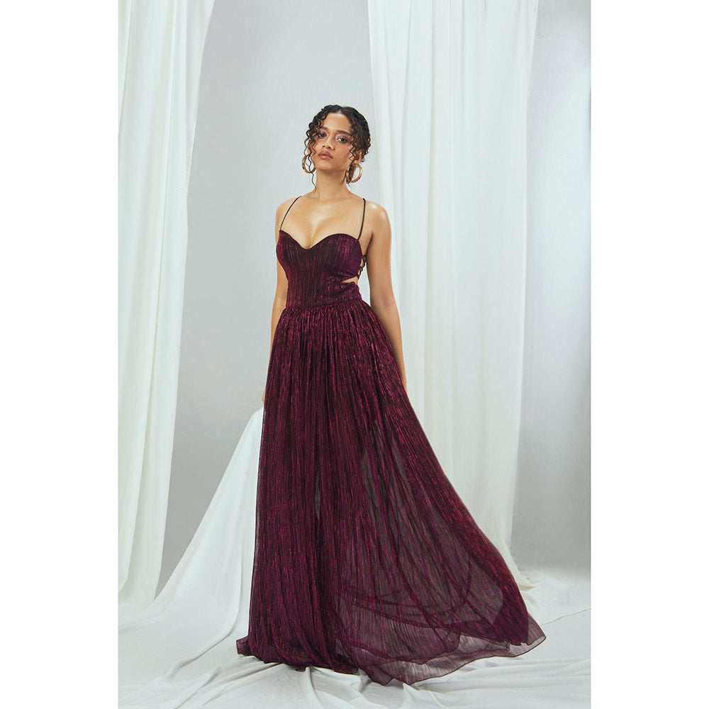Nirmooha Metallic Ruby Gown with Criss-Cross Back Tie Up & Hand Embellished Tassels Purple