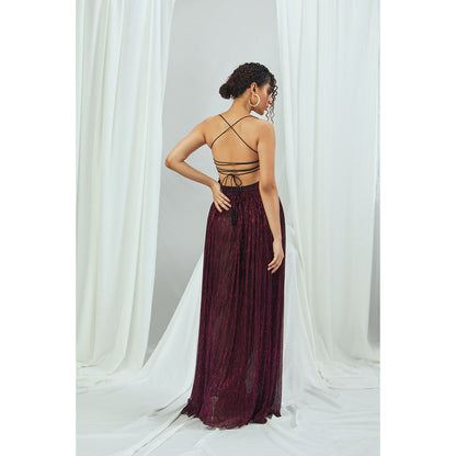 Nirmooha Metallic Ruby Gown with Criss-Cross Back Tie Up & Hand Embellished Tassels Purple