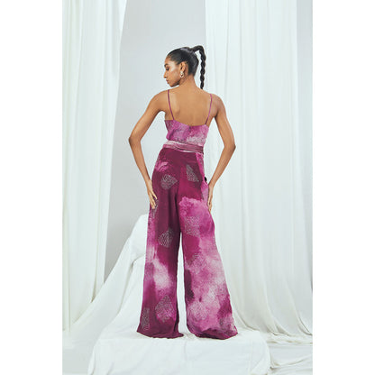 Nirmooha Ruby Printed Hand Embellished Jumpsuit with Lurex Printed Belt Purple (Set of 2)